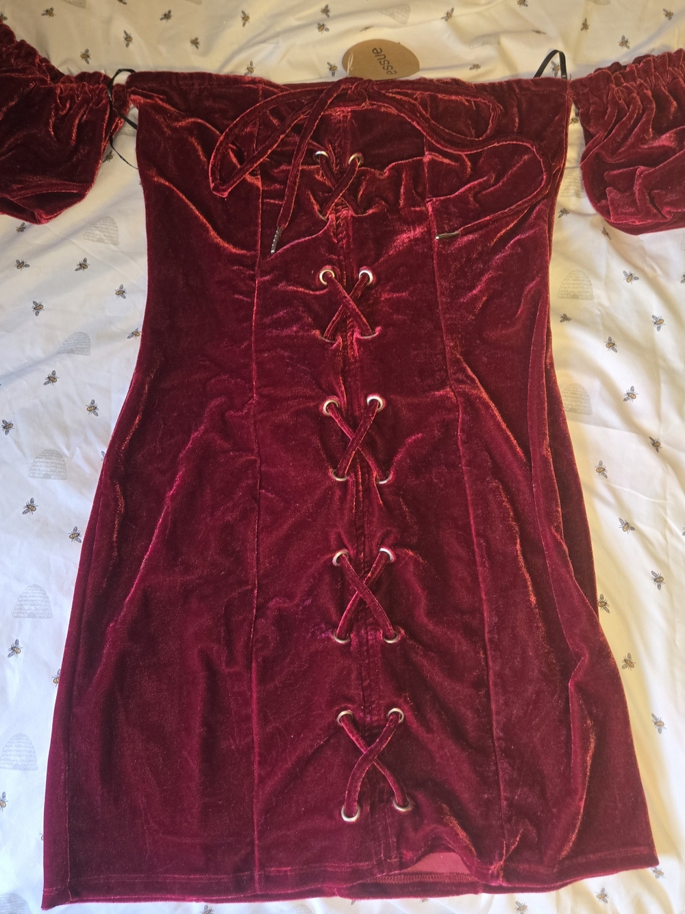 essue Burgundy Velvet Off-Shoulder Lace-Up Mini Dress